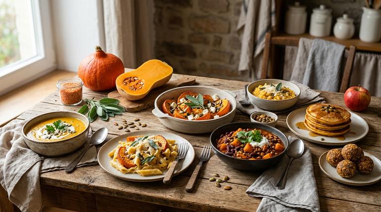 Herbstliche Kürbisgerichte mit Suppe, Pasta, Chili, Risotto, Pancakes und kleinen Hafer-Kugeln