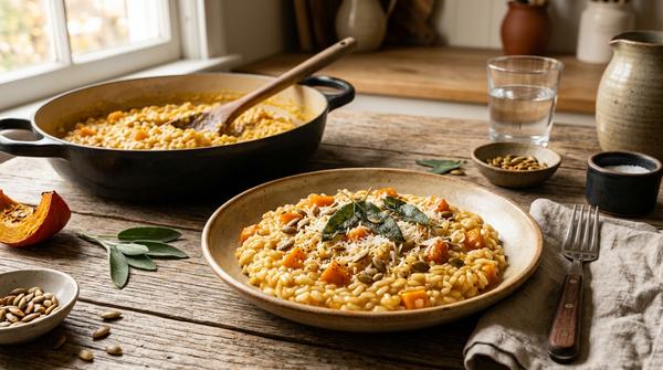 Kürbis-Risotto mit weichen Kürbiswürfeln, Salbei, Parmesan und Kürbiskernen