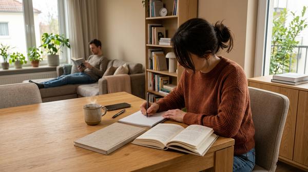 Erwachsene Person hält nach dem Lesen eine konkrete Idee fest