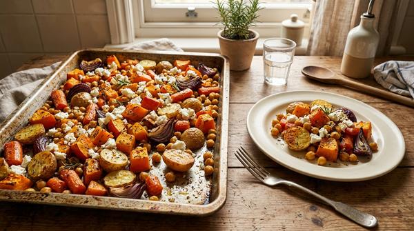 Geröstetes Ofengemüse mit Kürbis, Kartoffeln, Möhren, Zwiebeln, Kichererbsen und Feta