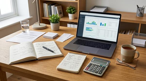 Schreibtisch mit Laptop, Kalender, Belegen und Rechner zur Planung eines Online-Nebenverdienstes