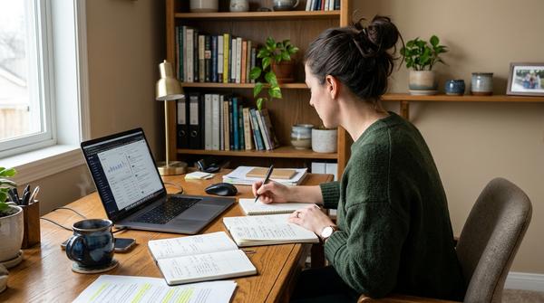 Erwachsene Person plant einen seriösen Online-Nebenverdienst im Homeoffice