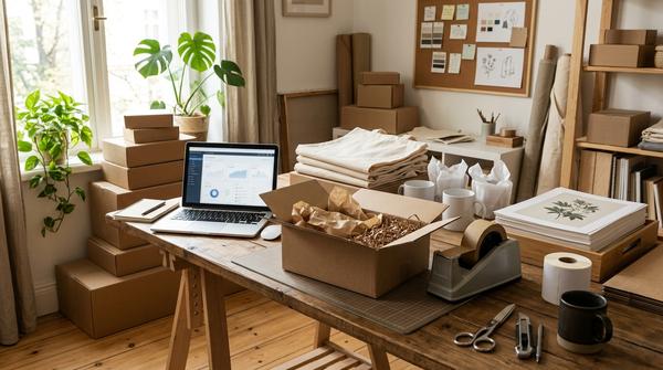 Kleiner Homeoffice-Arbeitsplatz mit Versandkartons für Online-Shop oder Print-on-Demand