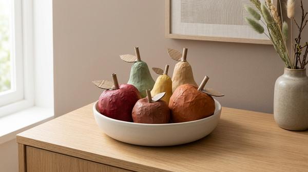 Selbst gebastelte Pappmaché-Äpfel und Birnen in Herbstfarben