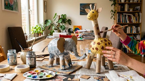 Selbst gebastelter Elefant und Giraffe aus Pappmaché, Papierrollen und Karton