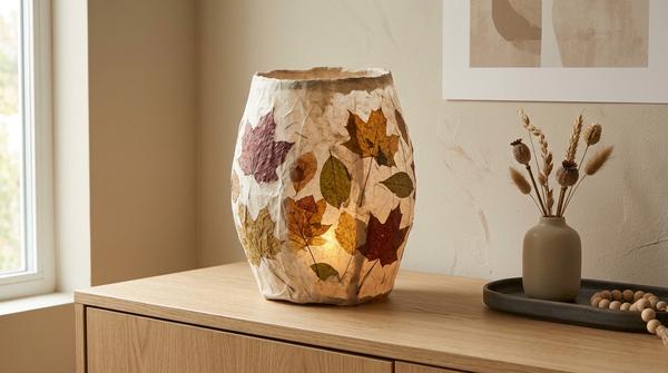 Selbst gebastelte Pappmaché-Laterne mit Herbstblättern und LED-Licht