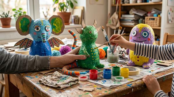 Bunte kindlich gestaltete Monster und Fantasietiere aus Pappmaché