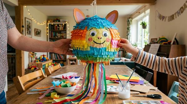 Bunte selbst gebastelte Pappmaché-Piñata mit langen Ziehbändern