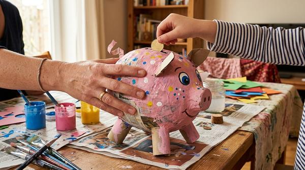 Kindlich gestaltete Schwein-Spardose aus Pappmaché mit Münzschlitz und Entnahmeöffnung