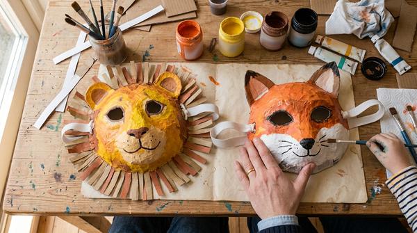 Selbst gebastelte Fuchs- und Löwenmaske aus Pappmaché mit elastischem Gummiband