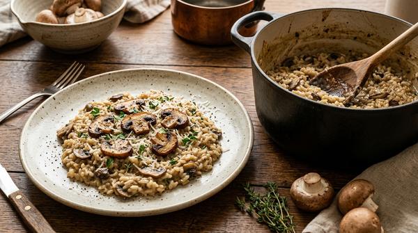 Cremiges Risotto mit gebratenen Champignons, Parmesan, Petersilie und Thymian