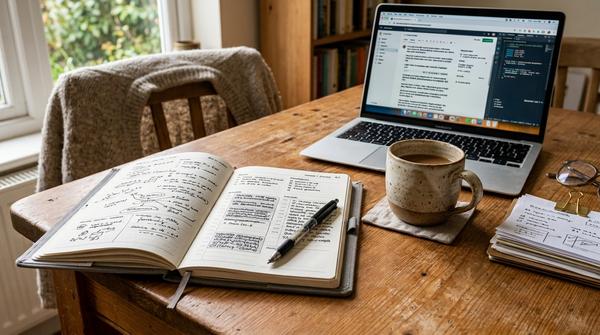 Planungsbild mit Notizbuch, Laptop und Tagesstruktur für mehr Produktivität