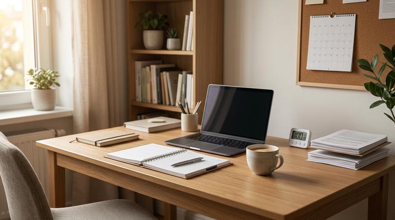 Realistischer Arbeitsplatz mit Laptop, Notizbuch und Kaffee zum Thema Produktivität steigern