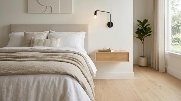 Kleines Schlafzimmer mit schmaler schwebender Nachttisch-Ablage