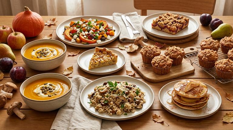 Herbstliche September-Gerichte mit Kürbissuppe, Ofengemüse, Risotto, Muffins und Zwetschgenkuchen