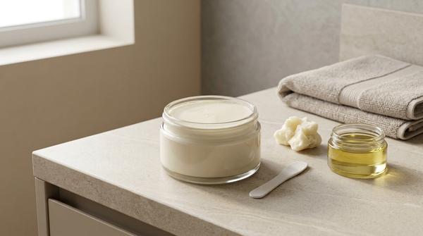 Selbst gemachte Shea-Körperbutter in einem kleinen sauberen Glastiegel