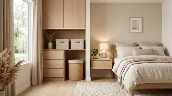 Kleines Schlafzimmer mit ruhigen Oberflächen und klaren Aufbewahrungsplätzen