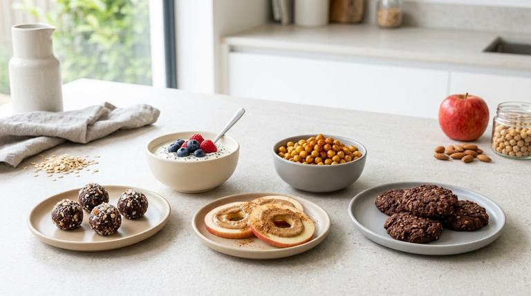 Dattel-Kugeln, Beerenjoghurt, Kichererbsen, Apfelringe und Bananen-Hafer-Taler