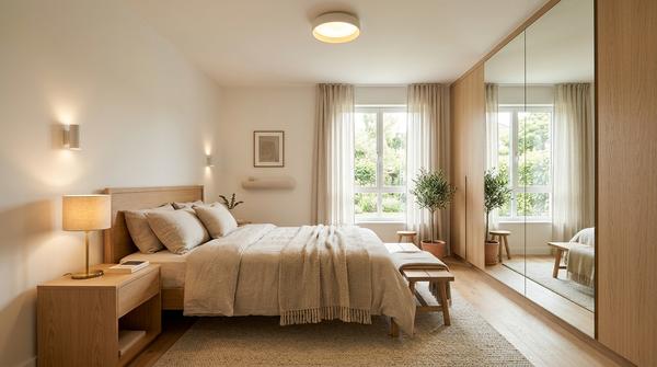 Kleines Schlafzimmer mit großem Spiegel und ruhiger Beleuchtung