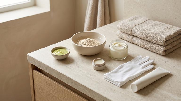 Avocado-Maske, Hafer-Handbad, Körperbutter, Lippenbalsam und Baumwollhandschuhe