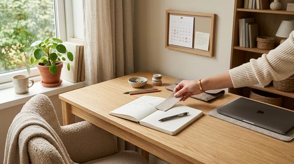 Vorbereiteter Arbeitsplatz mit wenigen klaren Hilfsmitteln