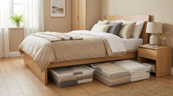 Flache Aufbewahrungsboxen unter einem Bett in einem kleinen Schlafzimmer