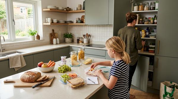 Familie prüft Vorräte und bereitet Snacks in einer modernen Küche vor