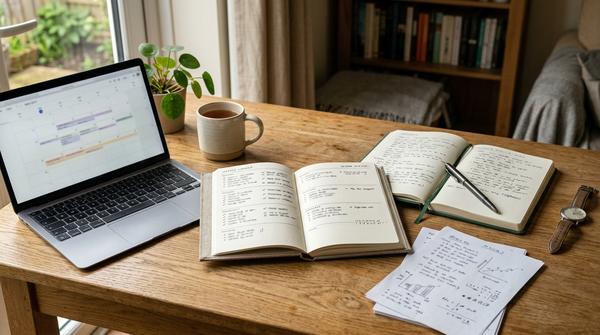 Schreibtisch mit Planer und Laptop für Wochenrückblick und 7-Tage-Test
