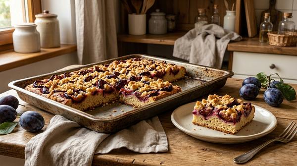 Blechkuchen mit Zwetschgen, Hefeteig und goldbraunen Streuseln