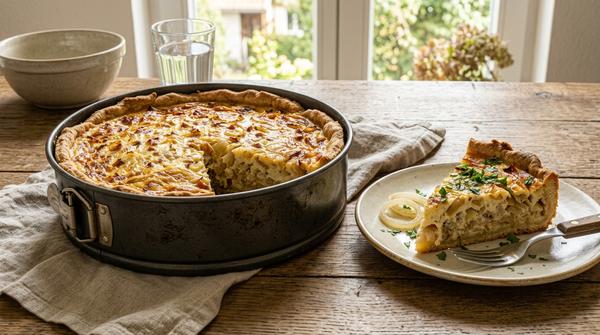 Herzhafter Zwiebelkuchen mit Hefeteig und cremiger Zwiebel-Füllung