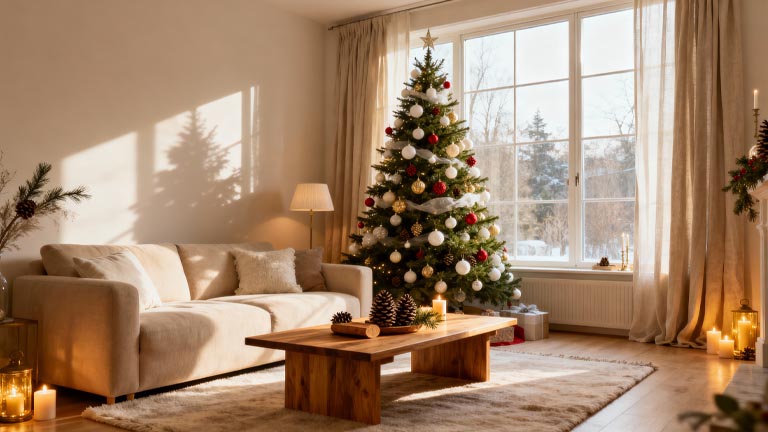 Moderner, stilvoll geschmückter Weihnachtsbaum in elegantem Wohnzimmer – Kombination aus skandinavischem, Pariser und rustikalem Stil mit weißen, goldenen und grünen Akzenten.