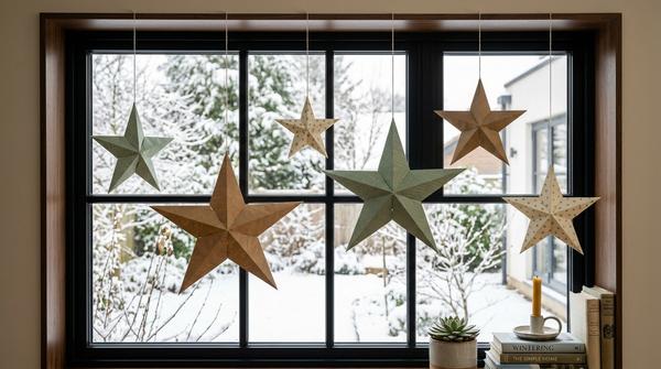 Selbst gebastelte 3D-Papiersterne aus Geschenkpapierresten hängen am Fenster