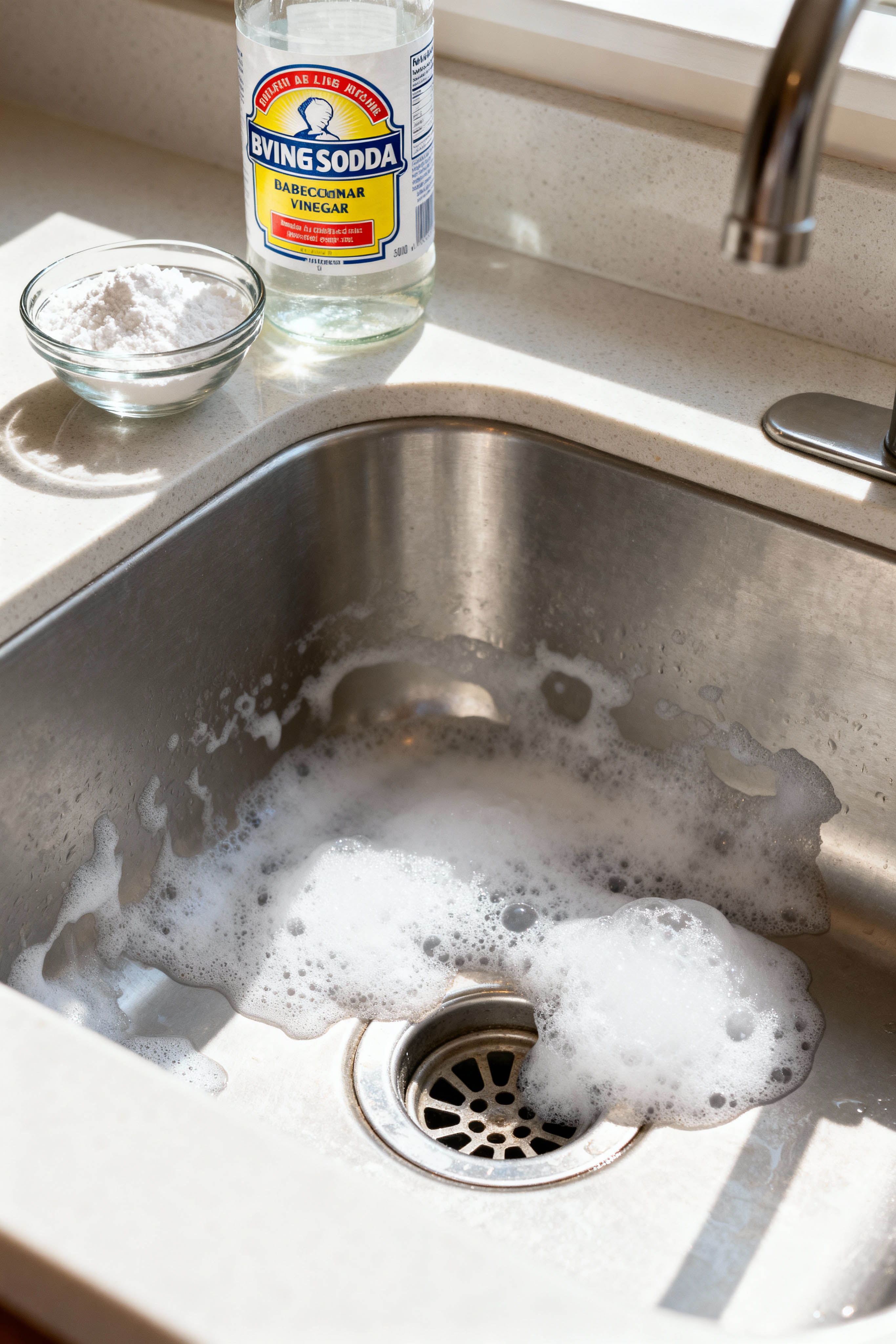 Baking-Soda-Pulver und Essig erzeugen sprudelnde Reaktion im Küchenabfluss, nachhaltige Reinigung ohne Chemie