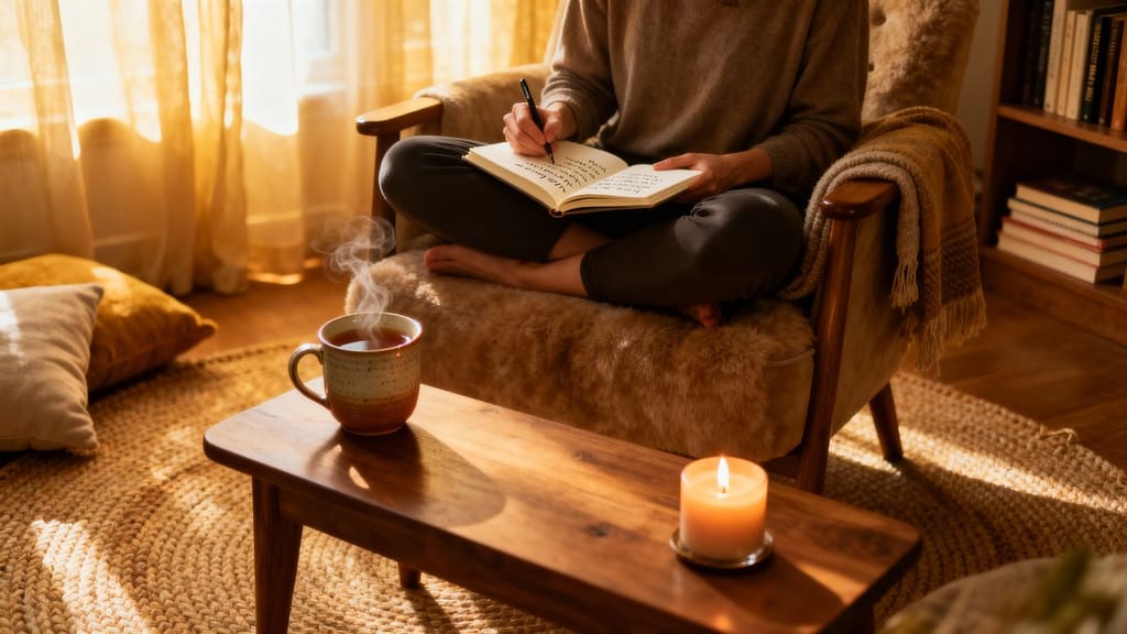 Person schreibt in ein Notizbuch bei Kerzenlicht – Symbol für Achtsamkeit und Entschleunigung.