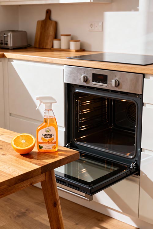 Natürlicher Backofenreiniger mit Orangenschalen, Sprayflasche und frischer Orange vor einem sauberen Ofen