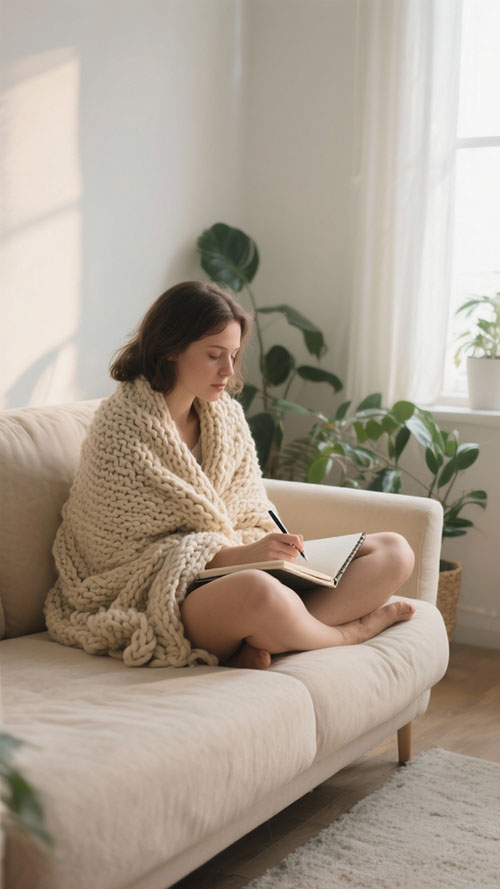Frau in Decke gehüllt sitzt auf dem Sofa und schreibt nachdenklich in ihr Journal