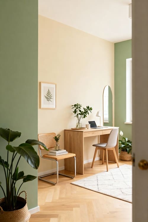 Modernes kleines Wohnzimmer mit hellen Pastellfarben und Holzdekor