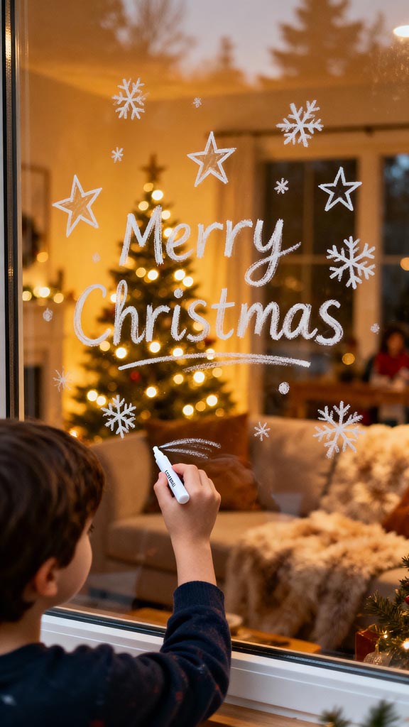 Fenster bemalen zu Weihnachten mit Kreidestiften