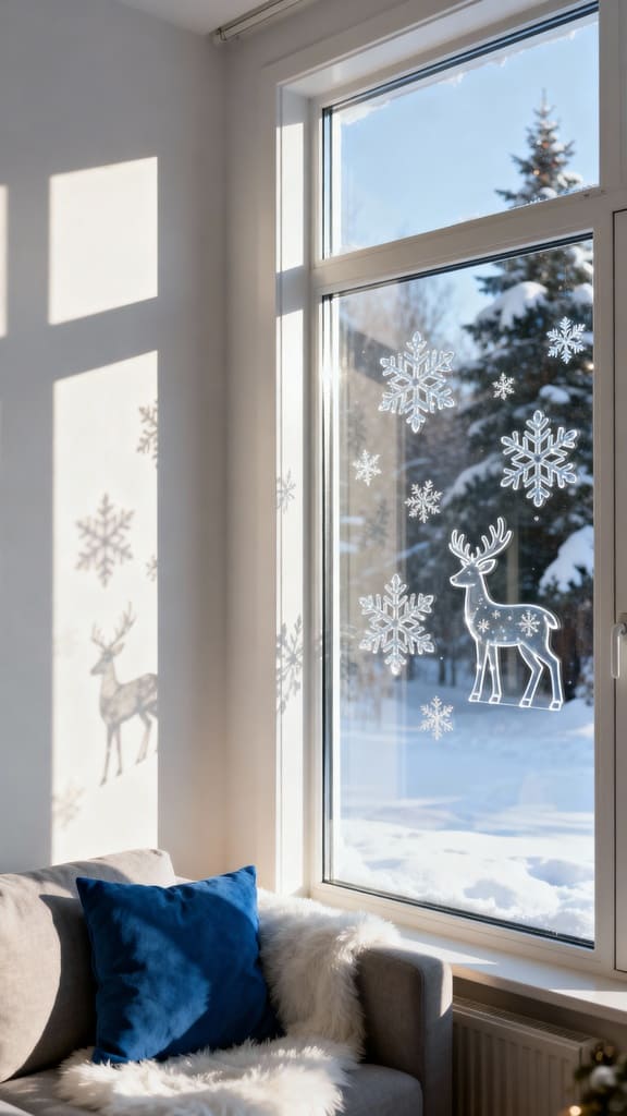 Fensterbilder mit Schneeflocken und Rentieren zu Weihnachten