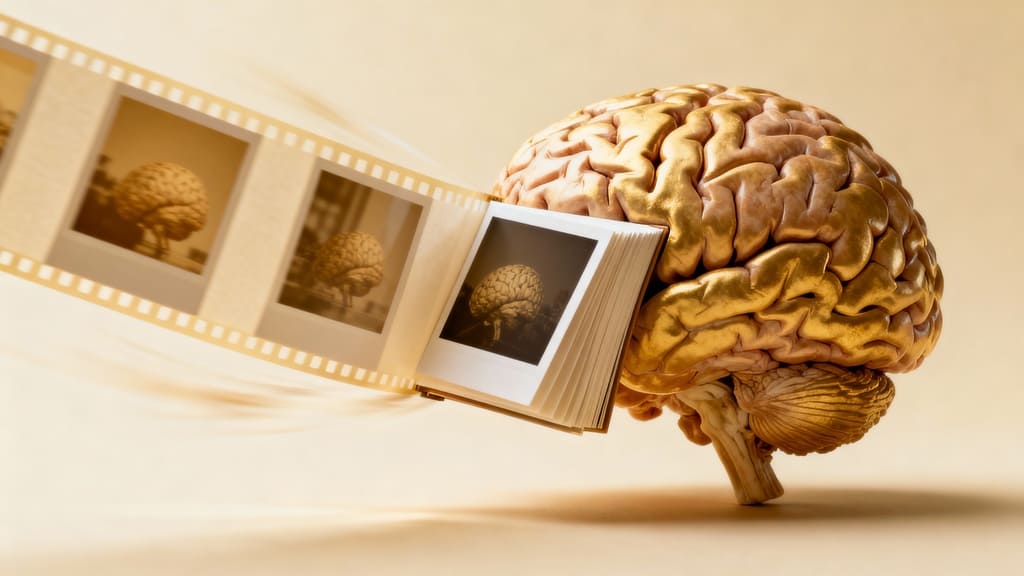 Illustration eines Gehirns, das sich in Filmstreifen verwandelt – Sinnbild für das menschliche Zeitgefühl.