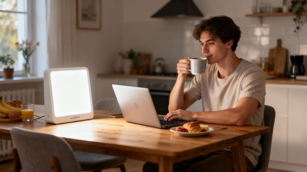 Frühstückstisch neben heller Tageslichtlampe