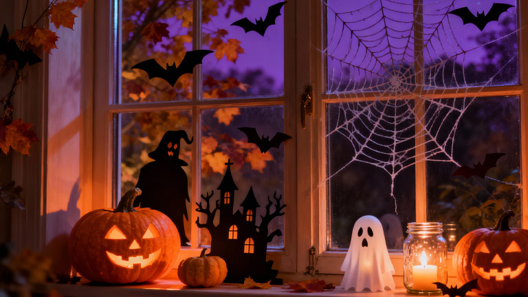 Halloween Fensterdeko mit Kürbissen, Geistern und Lichtern