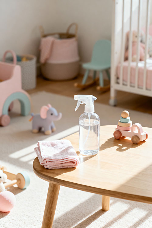 Sprayflasche mit DIY Spielzeugreiniger aus Essig und Wasser auf Kindertisch mit Holzspielzeug