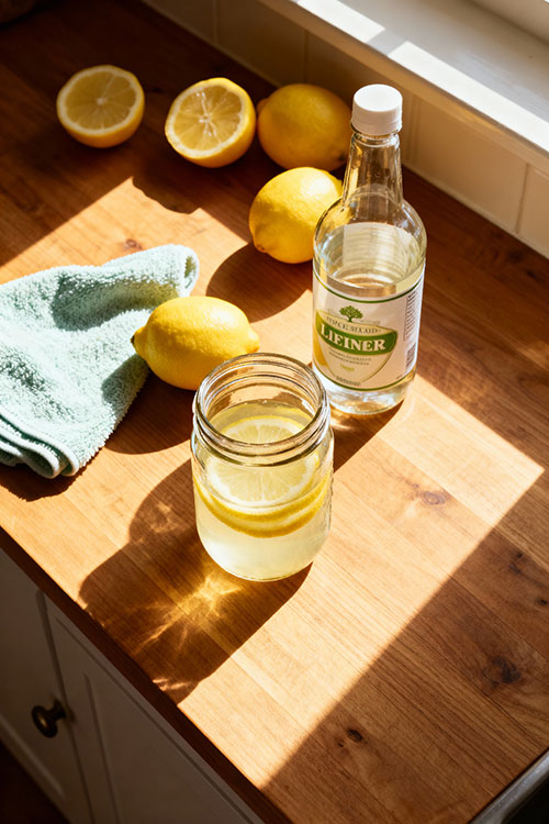Glasflasche mit selbstgemachtem Zitronenreiniger, frische Zitronen und Mikrofasertuch auf Holzarbeitsplatte