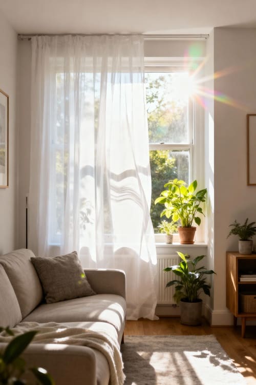 Kleines helles Wohnzimmer mit großen Fenstern und weißen Vorhängen
