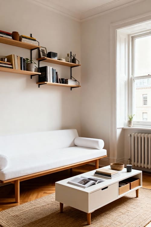 Aufgeräumtes Studio-Apartment mit platzsparenden Möbeln und Wandregalen