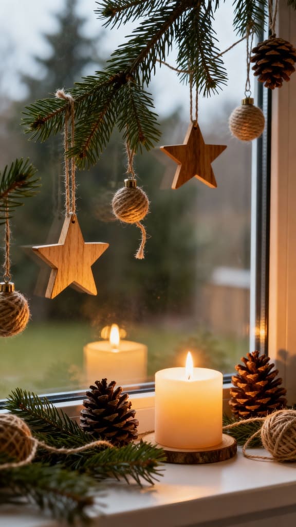 Weihnachtsdeko am Fenster aus Holz, Tannenzweigen und Naturmaterialien