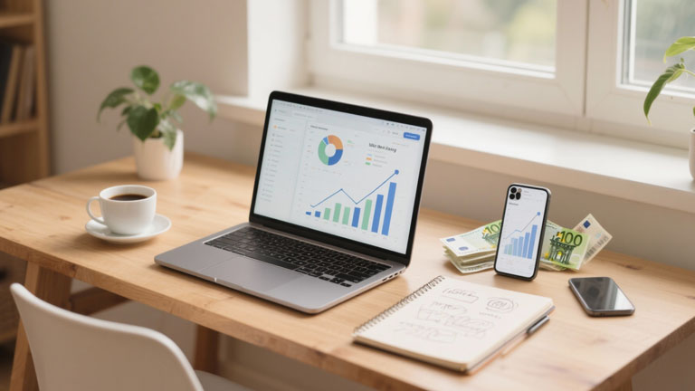 Helles Homeoffice mit Laptop, Kaffeetasse und Notizbuch – Symbolbild für den Start in die nebenberufliche Selbstständigkeit