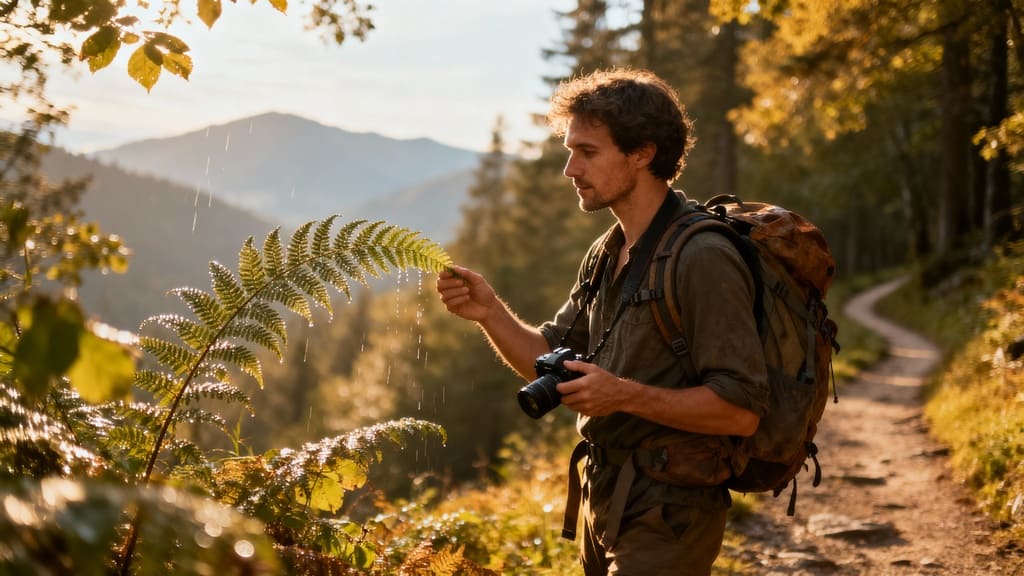 Wanderer auf einem sonnigen Waldweg – Sinnbild für Abenteuer und bewusstes Erleben.