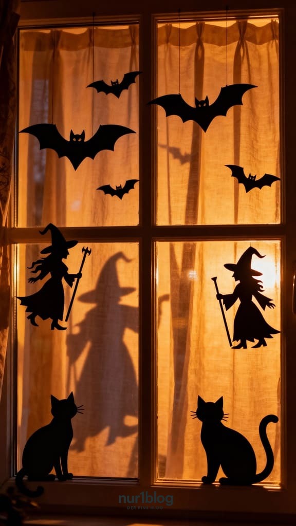 Halloween Silhouetten aus schwarzem Papier am Fenster